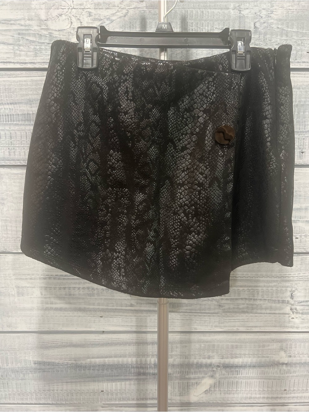 Haute Monde Black Snake-Embossed Mini Skirt with Decorative Button